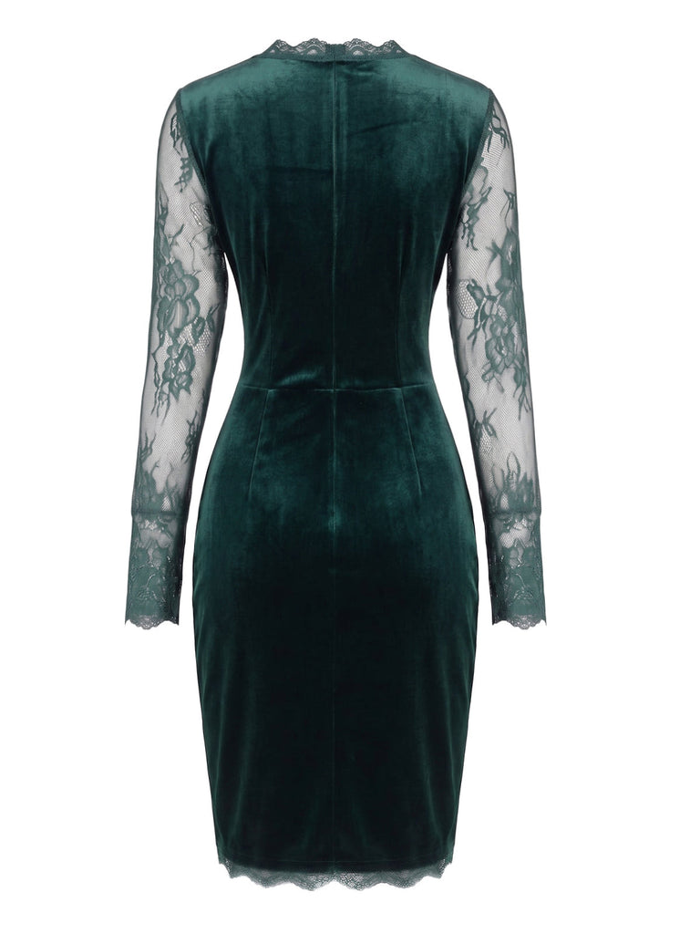 60er Samt-Bodyconkleid mit Spitzenärmeln