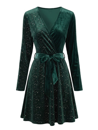 50er Langarm-Glitzersamtkleid mit V-Ausschnitt und Gürtel