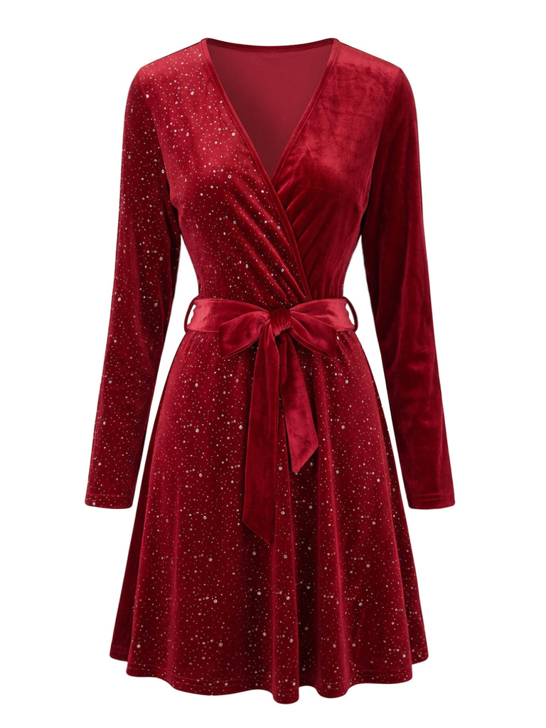 50er Langarm-Glitzersamtkleid mit V-Ausschnitt und Gürtel