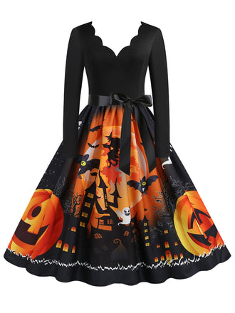 Oranges 50er Halloween Swingkleid mit Kürbisprint und Blütenkragen