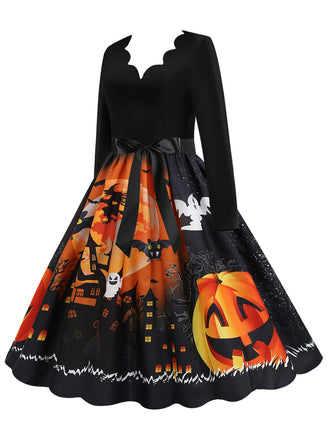 Oranges 50er Halloween Swingkleid mit Kürbisprint und Blütenkragen