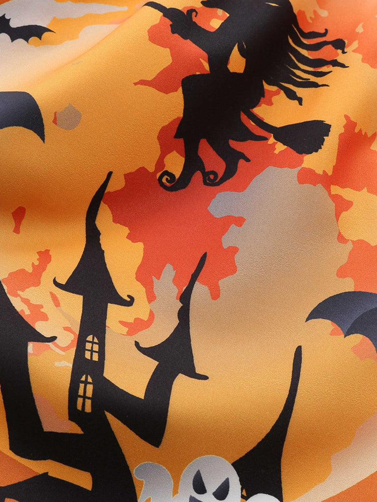 Oranges 50er Halloween Swingkleid mit Kürbisprint und Blütenkragen