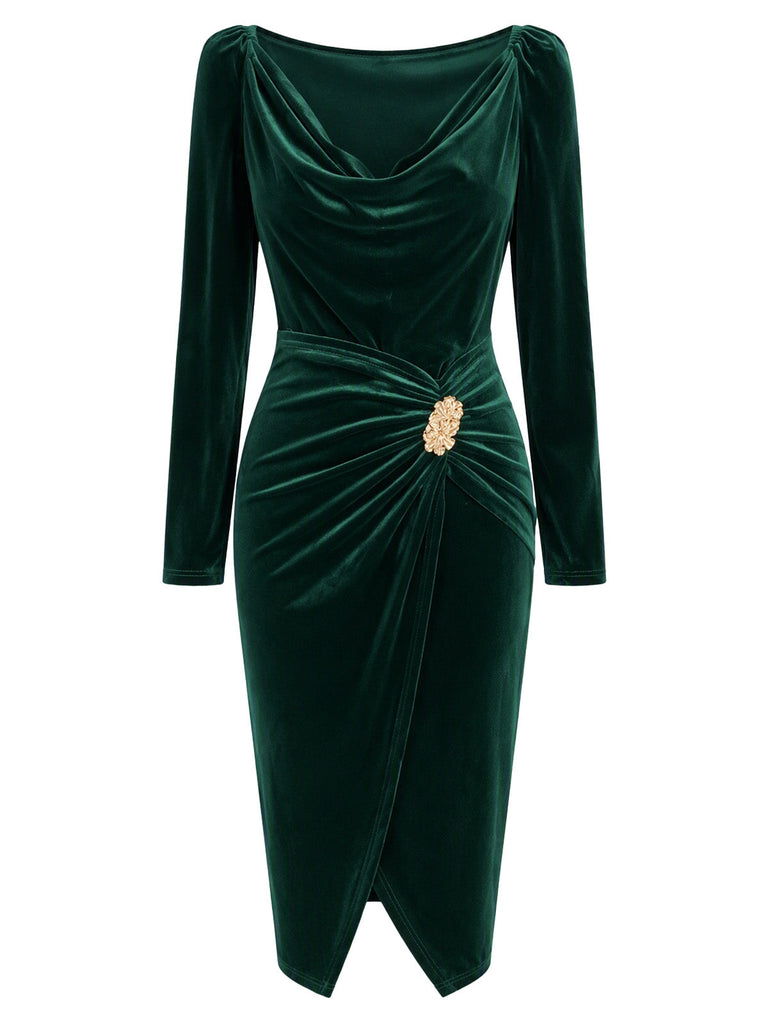 60er Samt-Bodyconkleid mit Wasserfallausschnitt und Raffung