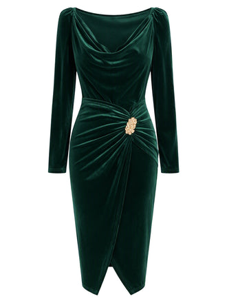 60er Samt-Bodyconkleid mit Wasserfallausschnitt und Raffung