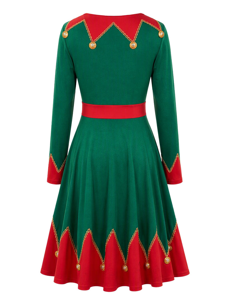 50er Weihnachtselfen-Kleid mit Weihnachts-Print und V-Ausschnitt