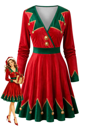 50er Weihnachtselfen-Kleid mit Weihnachts-Print und V-Ausschnitt