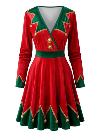 50er Weihnachtselfen-Kleid mit Weihnachts-Print und V-Ausschnitt