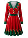 50er Weihnachtselfen-Kleid mit Weihnachts-Print und V-Ausschnitt