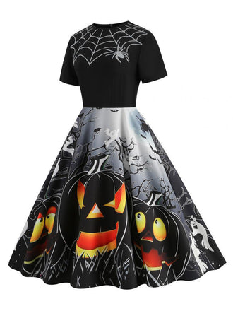 Schwarzes 50er Halloween Swingkleid mit Spinnennetz und Kürbis