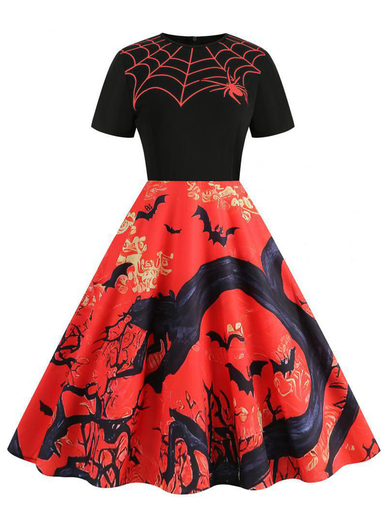 Schwarzes 50er Halloween Swingkleid mit Spinnennetz und Kürbis