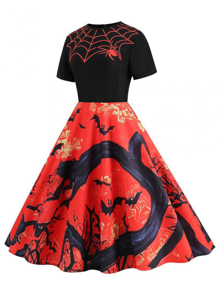 Schwarzes 50er Halloween Swingkleid mit Spinnennetz und Kürbis