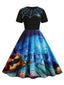 Himmelblaues 50er Halloween-Swingkleid mit Spinnennetz und Kürbis