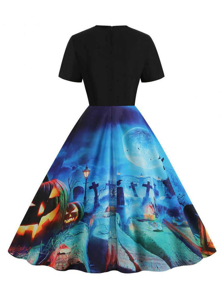Schwarzes 50er Halloween Swingkleid mit Spinnennetz und Kürbis