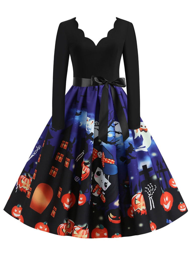 50er Halloween Kleid mit Kürbis- und Spukhaus-Print