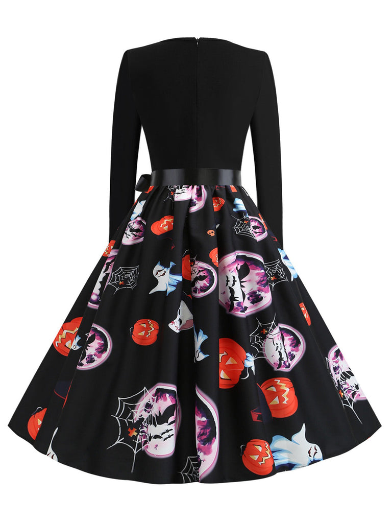 Schwarzes 50er Halloween Kleid mit Blütenkragen und Langarm