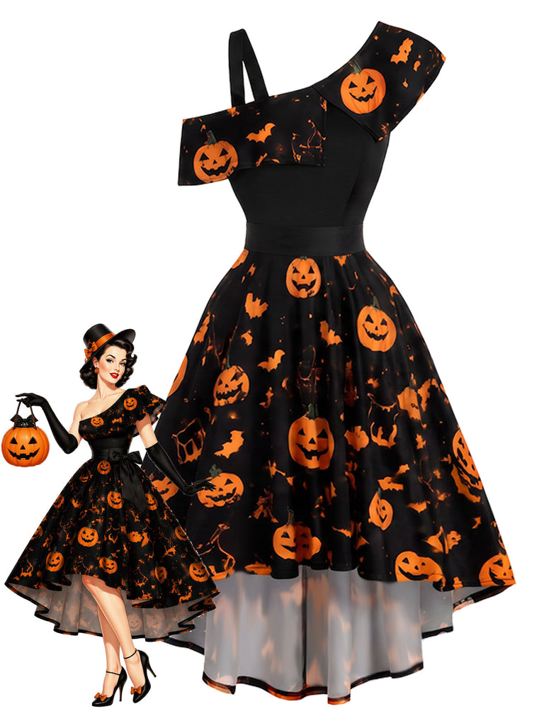 50er asymmetrisches Kleid mit Kürbis-Fledermaus-Print