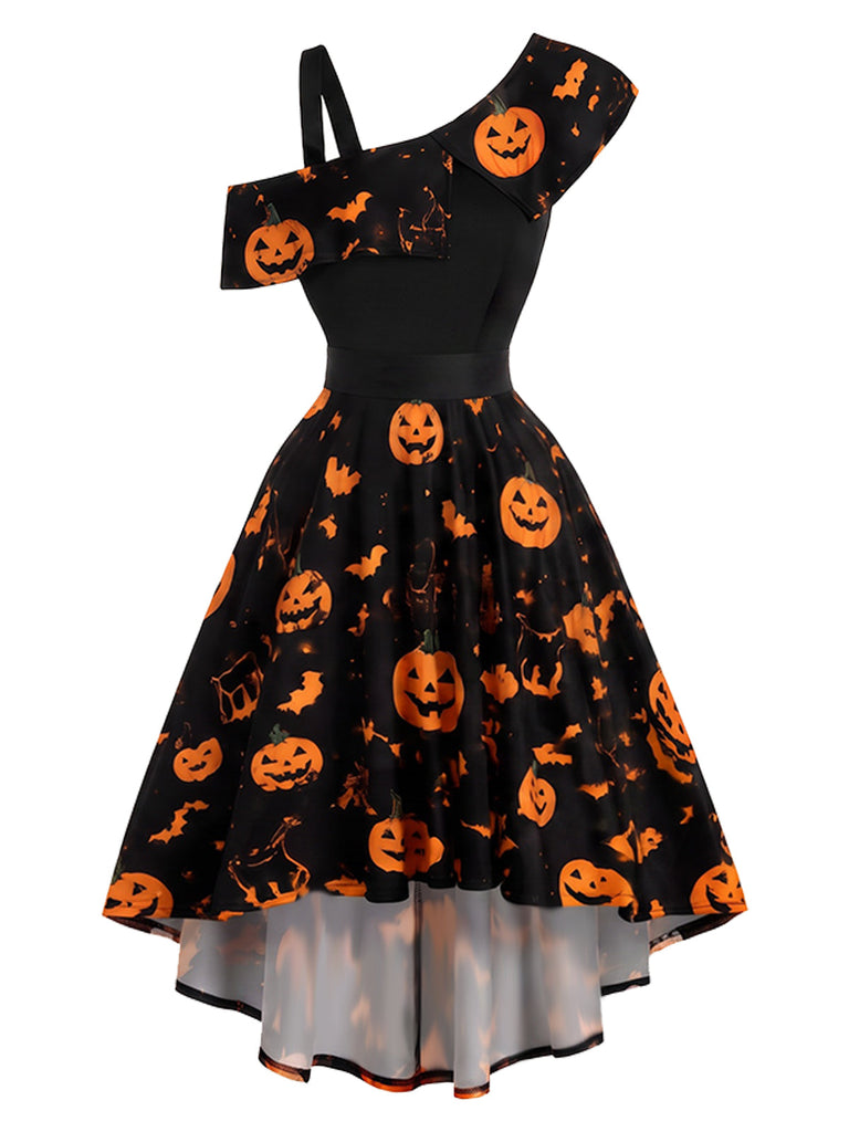 50er asymmetrisches Kleid mit Kürbis-Fledermaus-Print