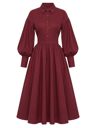 Bordeauxrotes 50er Hemdblusenkleid mit Ballonärmeln