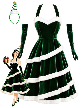 Grünes 50er Samtkleid mit Tannenbaum-Detail