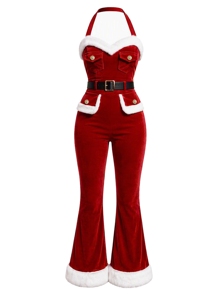 Roter 60er Weihnachts-Jumpsuit mit Samt und Schlag