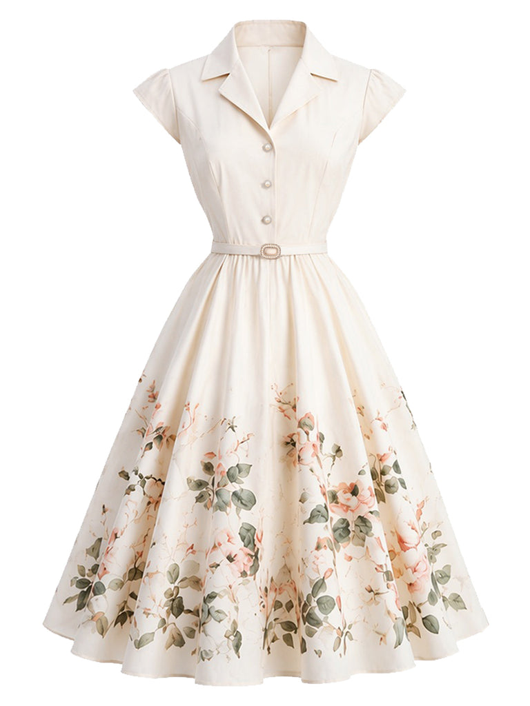 Weißes 50er Kleid mit Blumen und Flügelärmeln