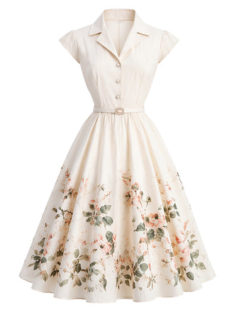 Weißes 50er Kleid mit Blumen und Flügelärmeln
