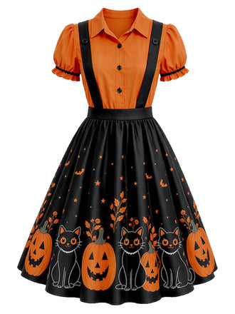 50er Halloween Swingkleid im Zweiteiler-Look mit Kürbis