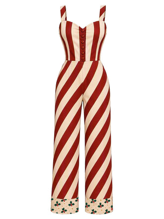 Roter 40er Weihnachts-Streifenjumpsuit mit Bindegürtel und Umschlägen