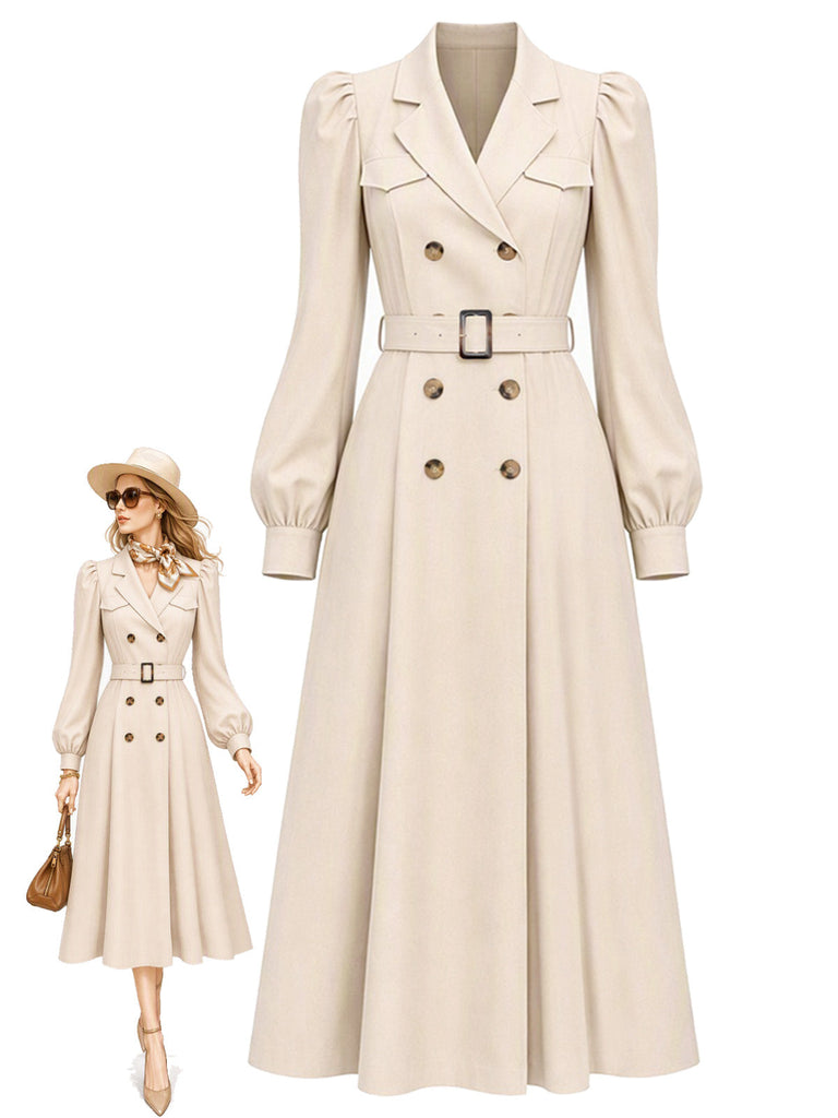 Beiger 40er zweireihiger Trenchcoat mit Puffärmeln