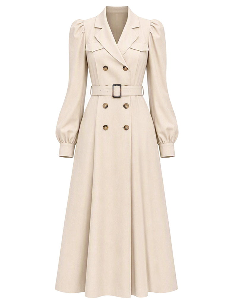 Beiger 40er zweireihiger Trenchcoat mit Puffärmeln
