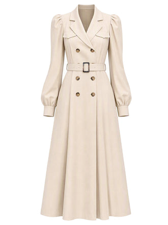 Beiger 40er zweireihiger Trenchcoat mit Puffärmeln