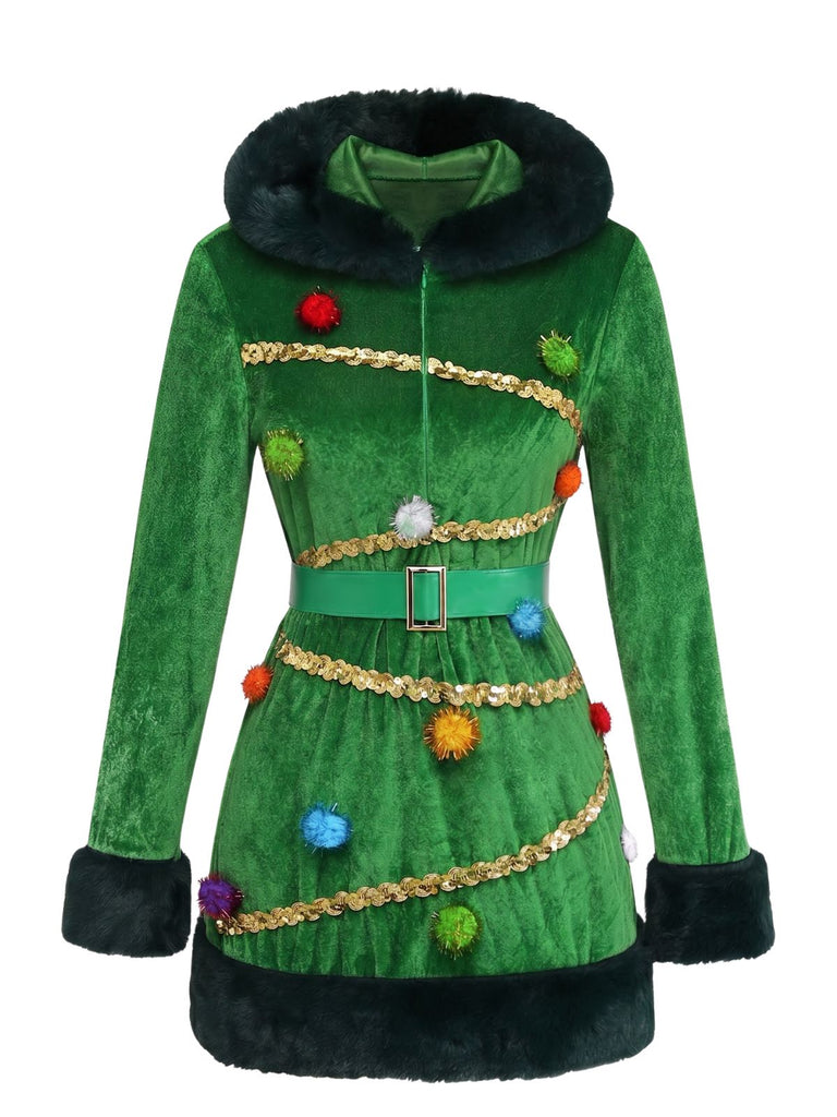 Grünes 50er Weihnachtsbaum-Kostümkleid mit Kapuze