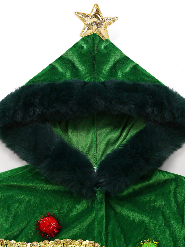 Grünes 50er Weihnachtsbaum-Kostümkleid mit Kapuze