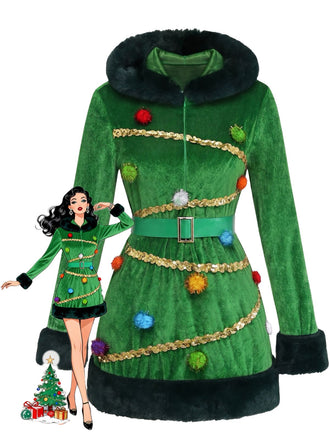 Grünes 50er Weihnachtsbaum-Kostümkleid mit Kapuze