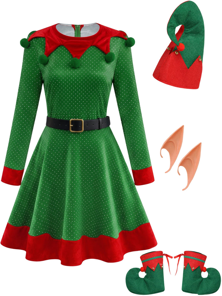 Grünes 50er Weihnachts-Elfenkostüm-Set mit Kleid