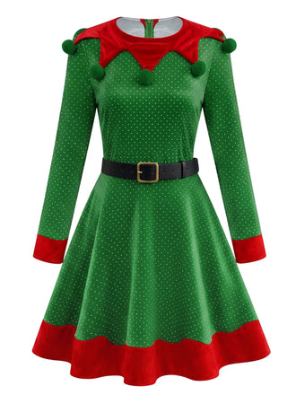 Grünes 50er Weihnachts-Elfenkostüm-Set mit Kleid