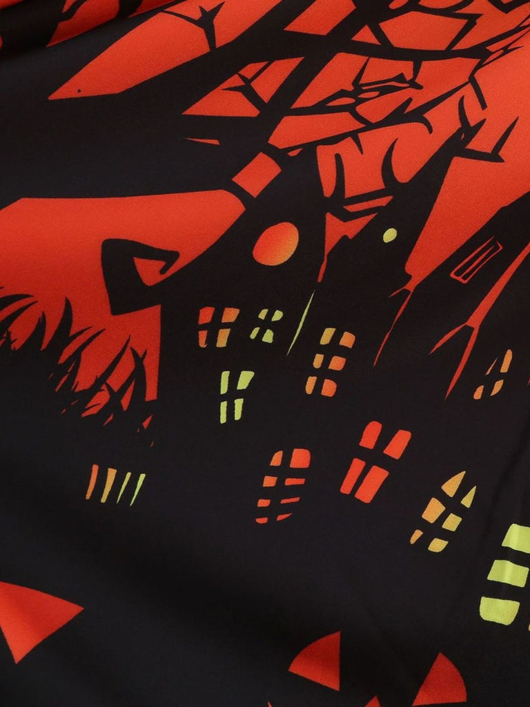 50er Halloween Swingkleid mit Spukhaus- und Kürbis-Fledermaus-Print