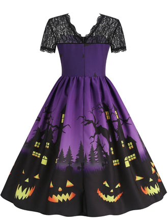 50er Halloween Swingkleid mit Spukhaus- und Kürbis-Fledermaus-Print