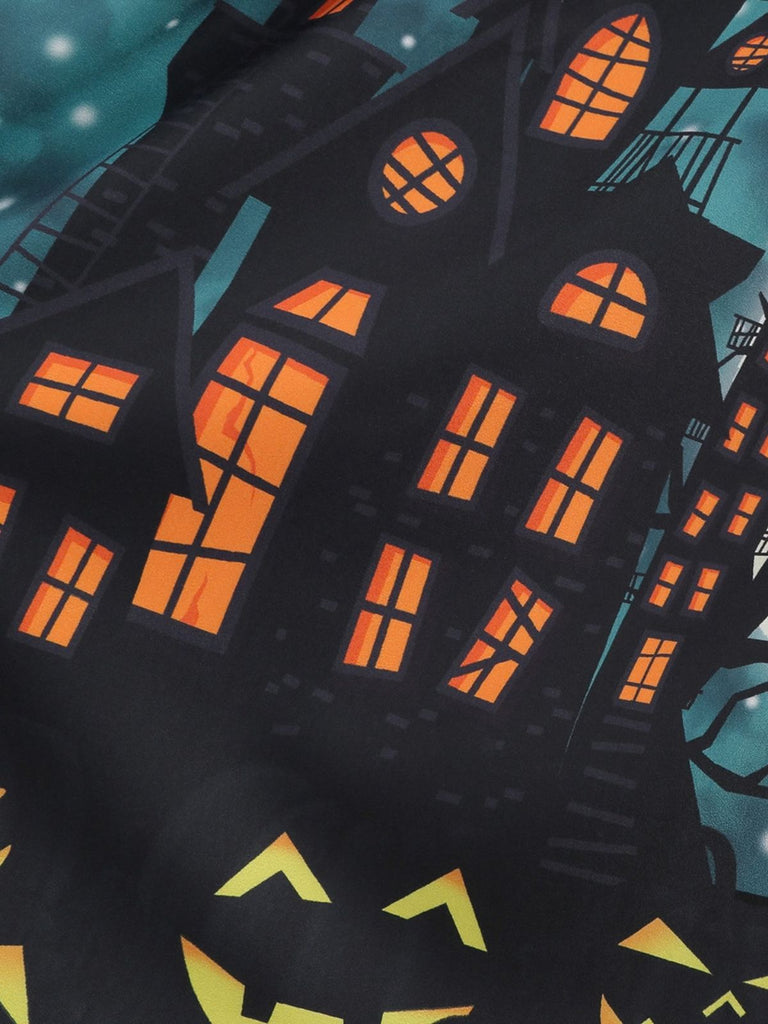 50er Halloween Swingkleid mit Spukhaus- und Kürbis-Fledermaus-Print