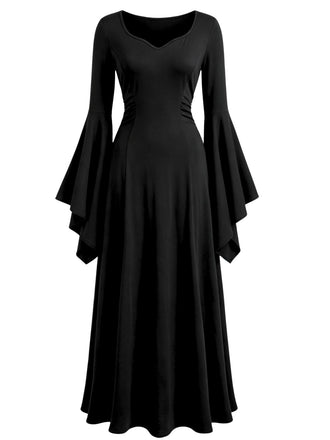 Schwarzes 70er Gothic Maxikleid mit Herzausschnitt und Glockenärmeln