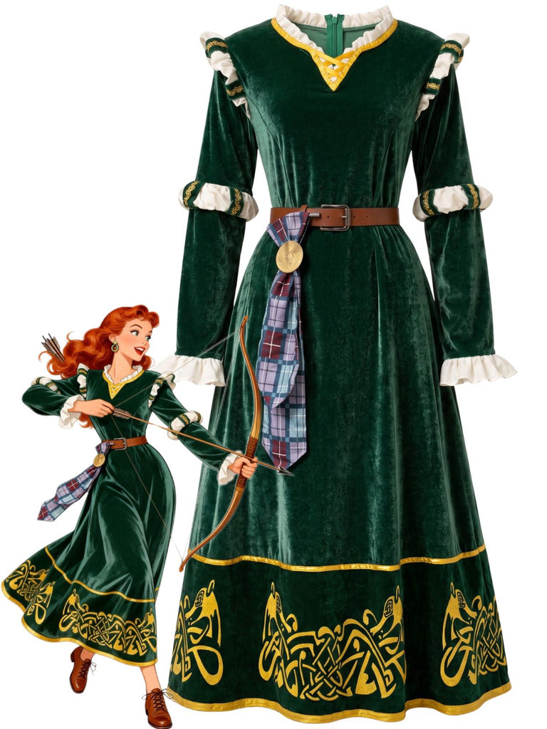 Grünes 40er Mittelalterkleid aus Samt mit Stickerei und Gürtel