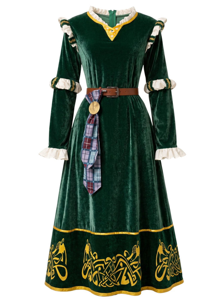 Grünes 40er Mittelalterkleid aus Samt mit Stickerei und Gürtel