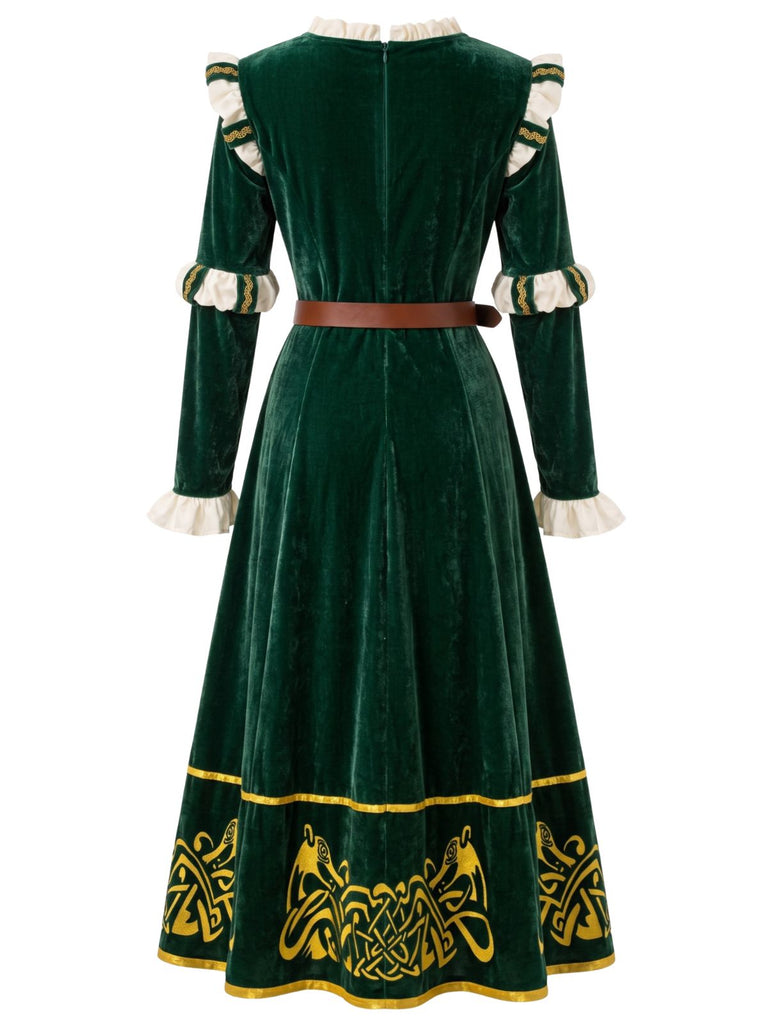 Grünes 40er Mittelalterkleid aus Samt mit Stickerei und Gürtel
