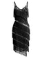 Schwarzes 20er Cocktailkleid mit Pailletten, Fransen und Spaghettiträgern