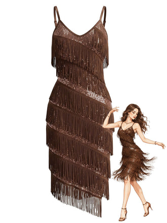 20er Cocktailkleid mit Pailletten, Fransen und Spaghettiträgern
