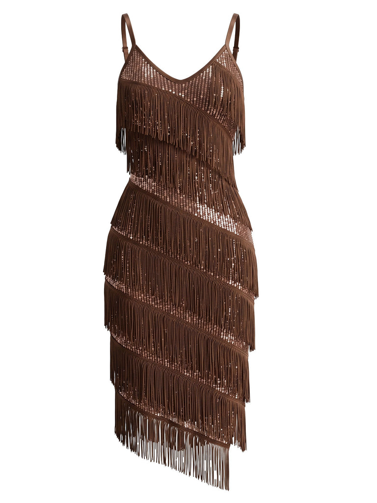 20er Cocktailkleid mit Pailletten, Fransen und Spaghettiträgern