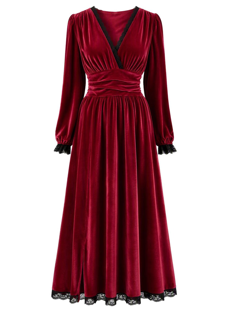 Weinrotes 30er Samtkleid mit Spitzeneinsätzen und Seitenschlitz