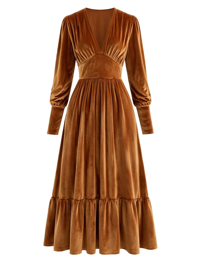 70er Samtkleid mit tiefem V-Ausschnitt und Raffung