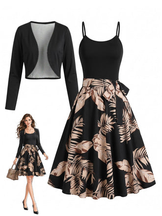 Goldenes 50er Kleid mit Palmen-Print und Bolero