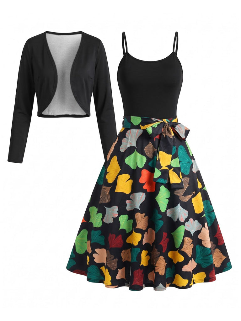 Goldenes 50er Kleid mit Palmen-Print und Bolero